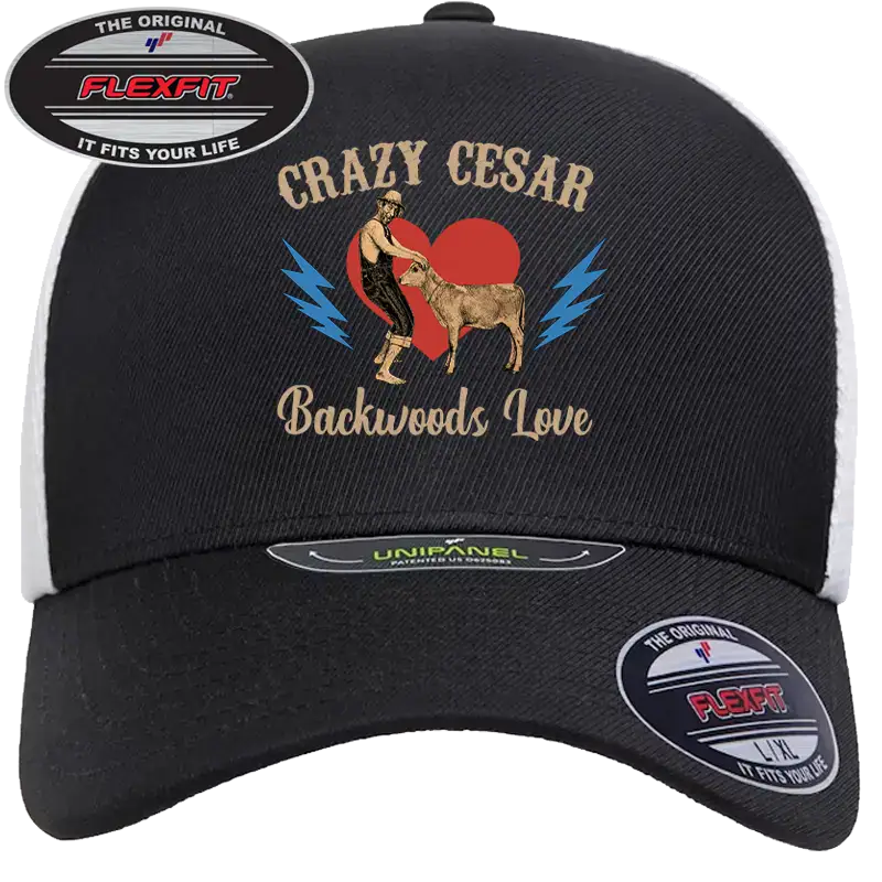 Black trucker cap with Crazy Cesar Backwoods Love design and logo.
