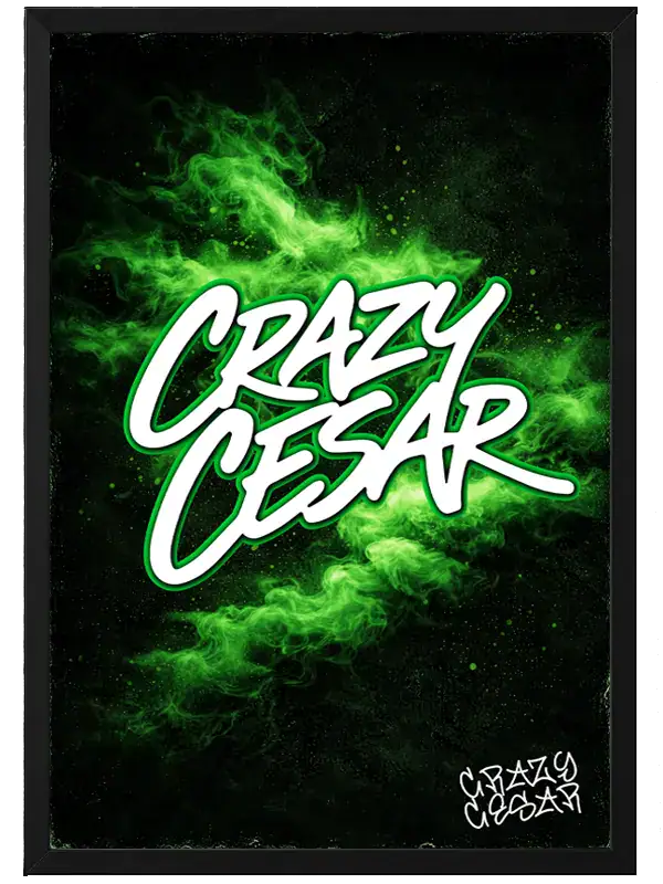 CrazyCesar poster with green smoke background for promotional use.