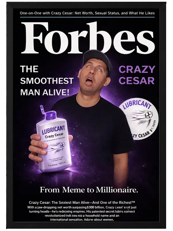 Crazy Cesar holding lubricant bottle in Shark Tank poster.