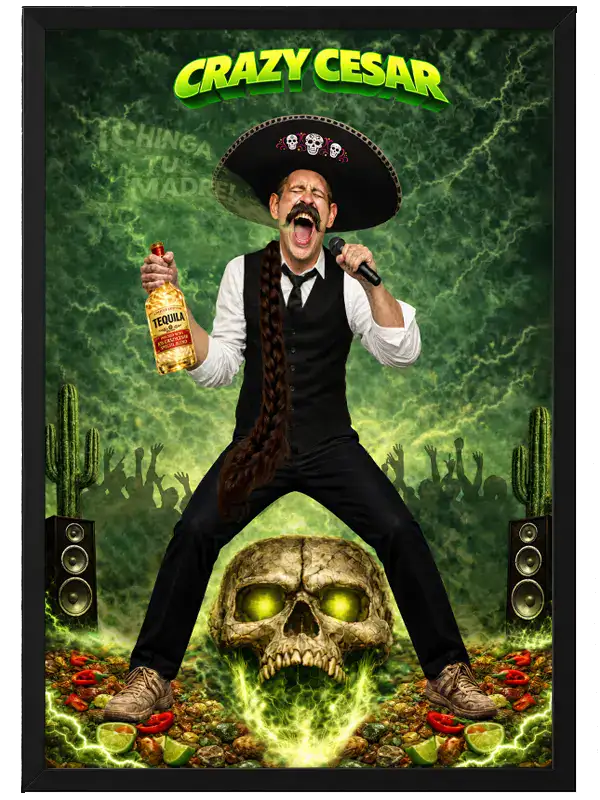 Crazy Cesar Rockstar Energy Wall Poster (18x24) Vibrant poster featuring Crazy Cesar with a skull, cactus, and lightning, promoting Rockstar Energy.