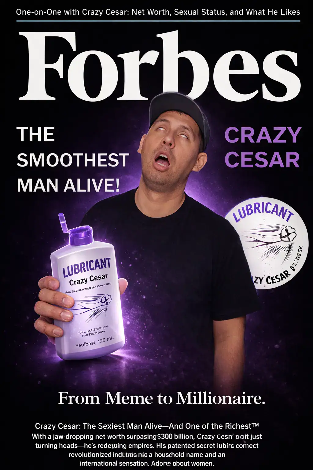 Crazy Cesar holding lubricant bottle for Shark Tank poster.