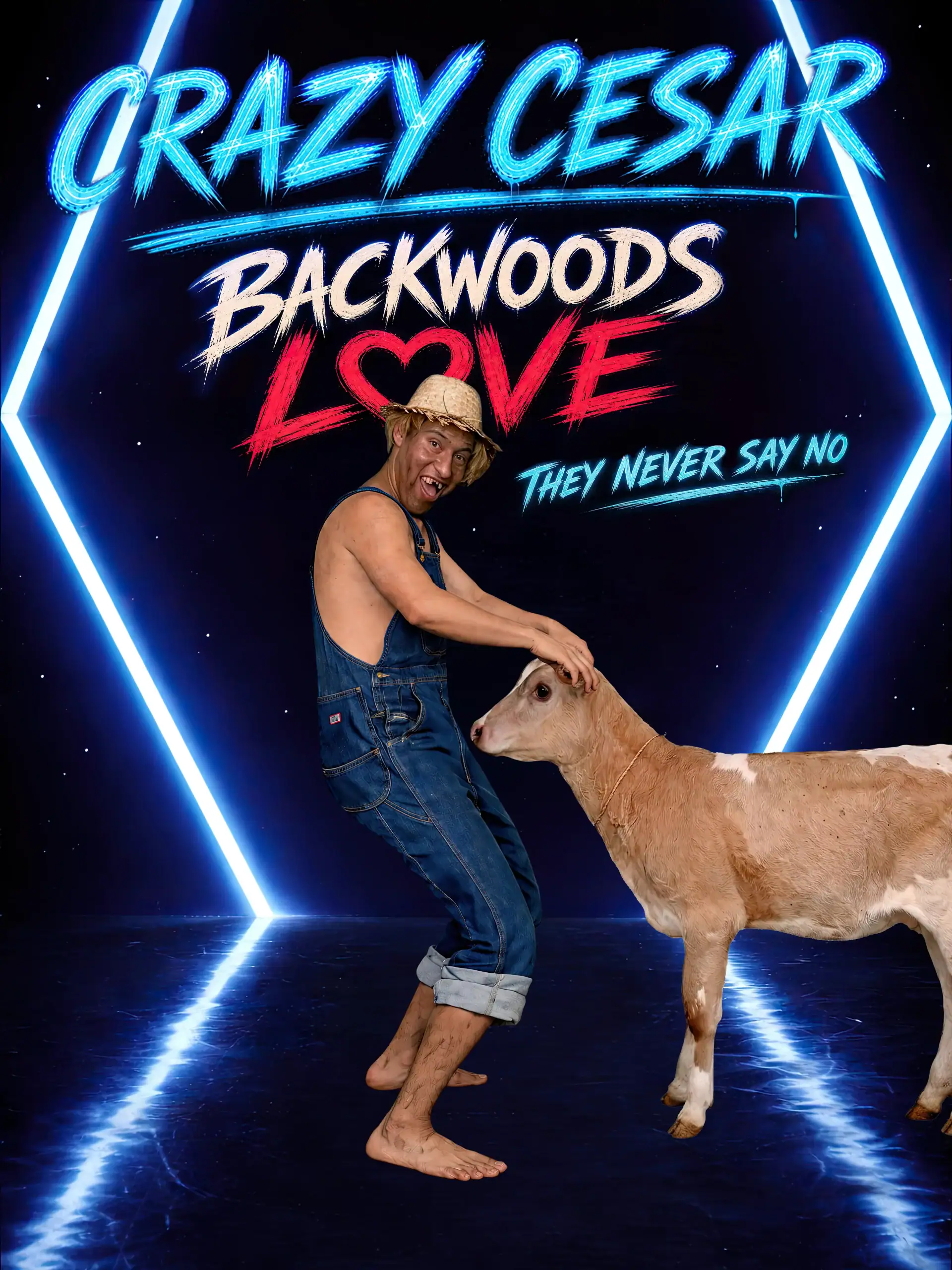 Crazy Cesar with a cow in front of neon "Backwoods Love" sign.