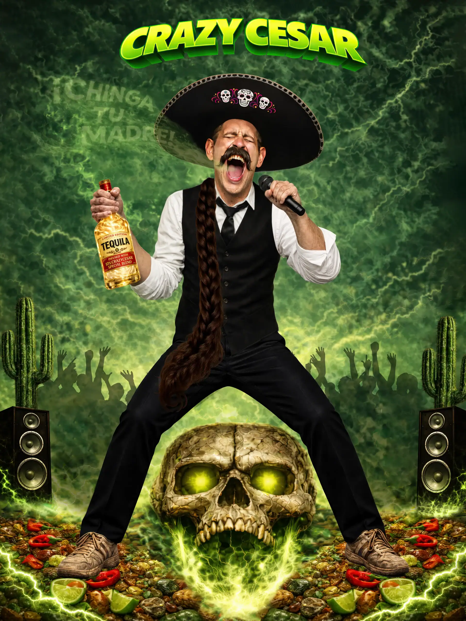 Crazy Cesar Rockstar Energy Wall Poster (18x24) Vibrant poster featuring Crazy Cesar with a sombrero, holding tequila, surrounded by skulls and cact.