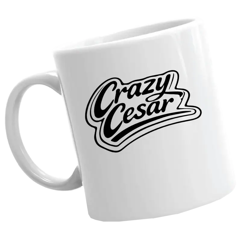 Black logo "Crazy Cesar" on white ceramic mug for coffee or tea.