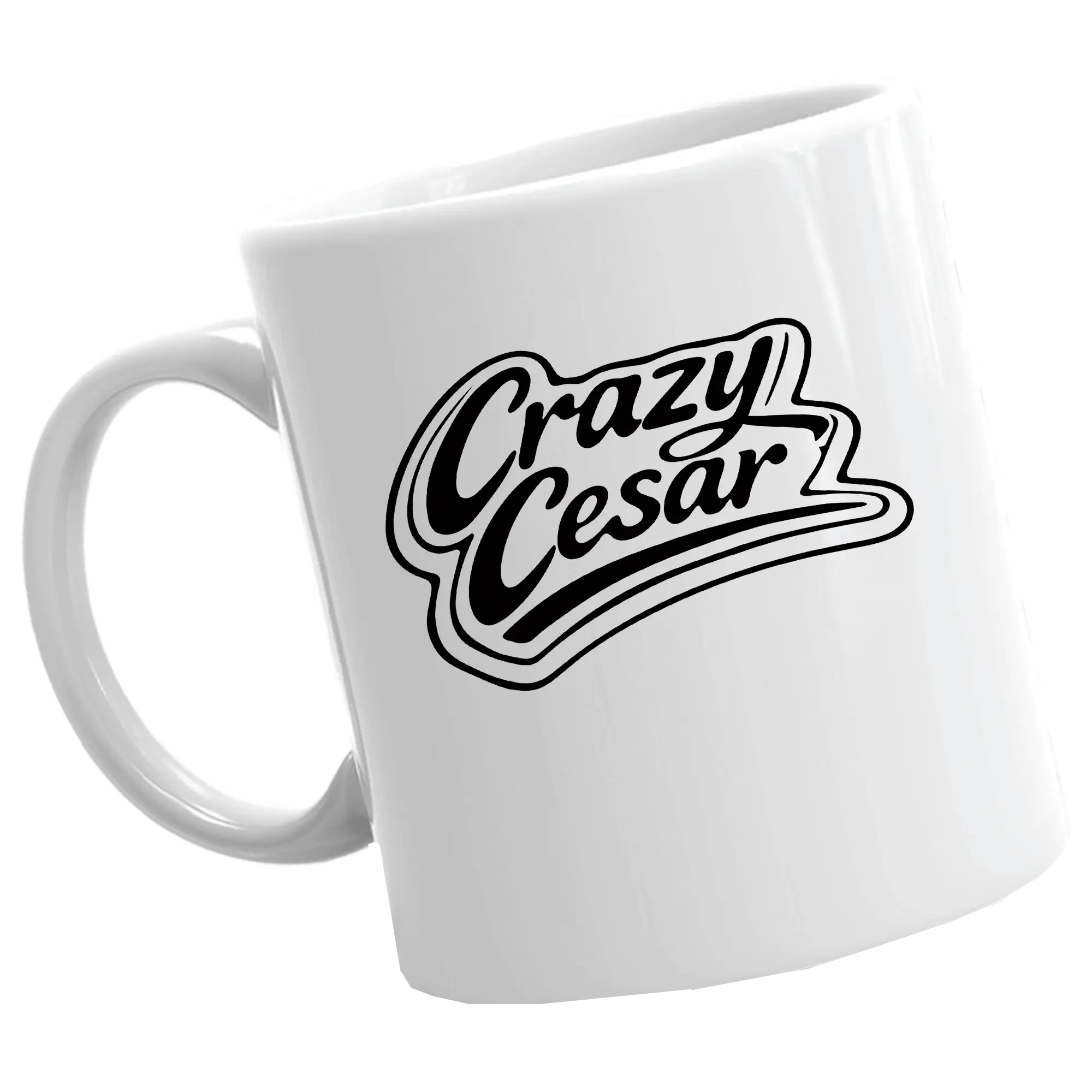 Black logo "Crazy Cesar" on white ceramic mug for coffee or tea.