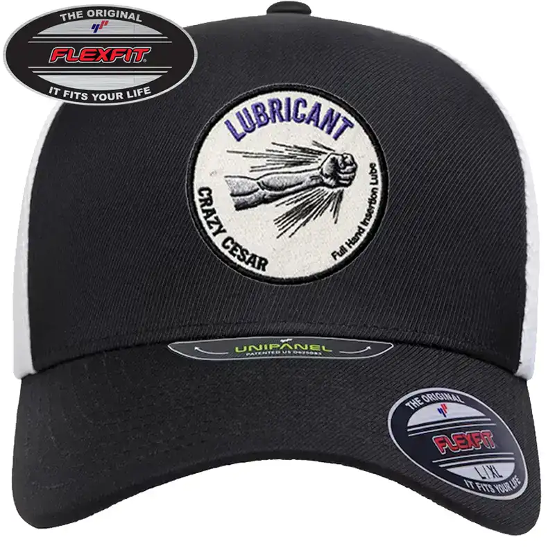 Black cap with Crazy Cesar lubricant logo patch and Flexfit branding.