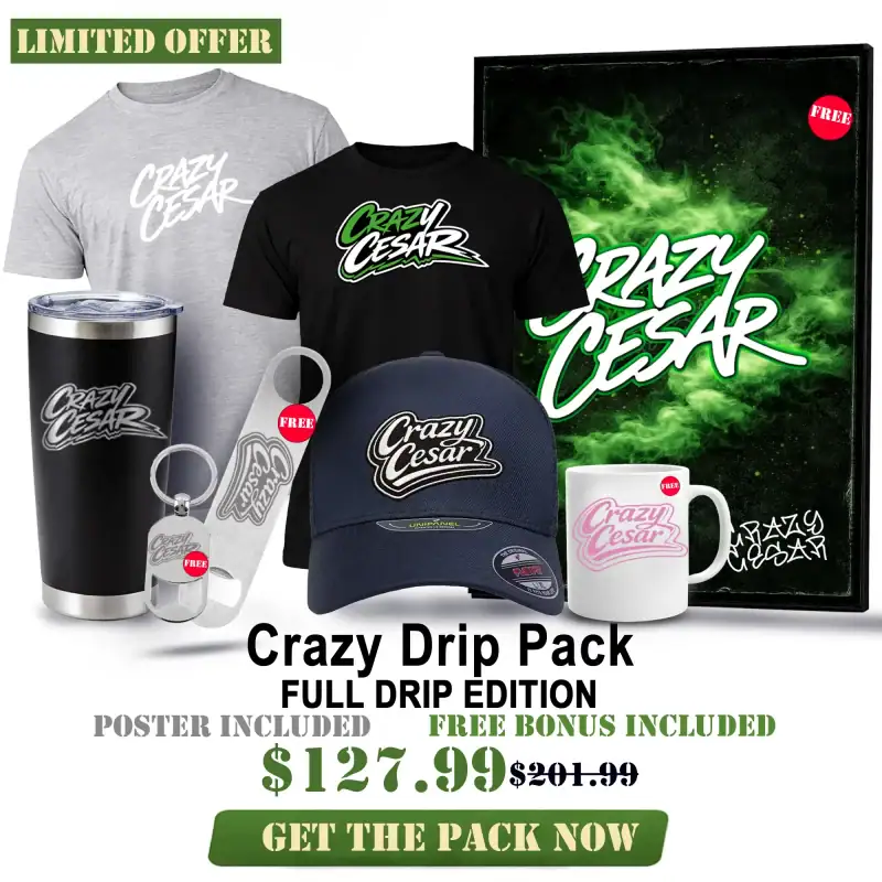 Streetwear bundle with Crazy Cesar logo T-shirts, cap, mug, and accessories. Perfect for streetwear.