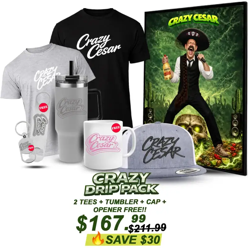 Crazy Cesar merchandise bundle with tees, cap, tumbler, and opener.
