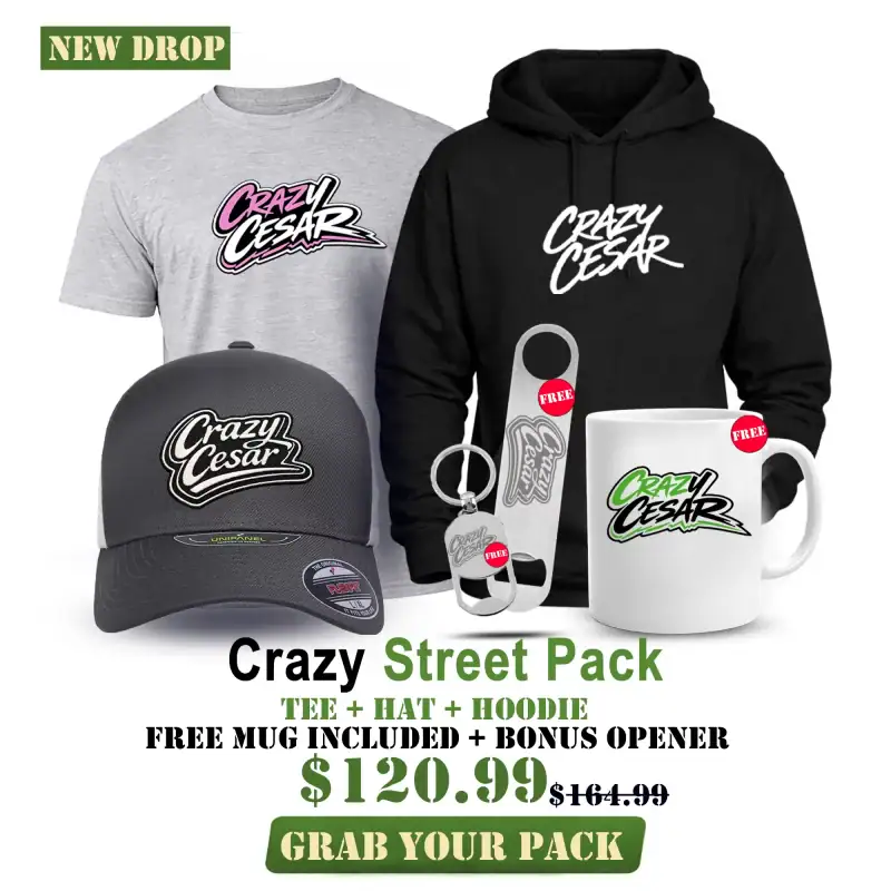 Crazy Cesar streetwear pack with T-shirt, hoodie, mug, cap, and bottle opener.