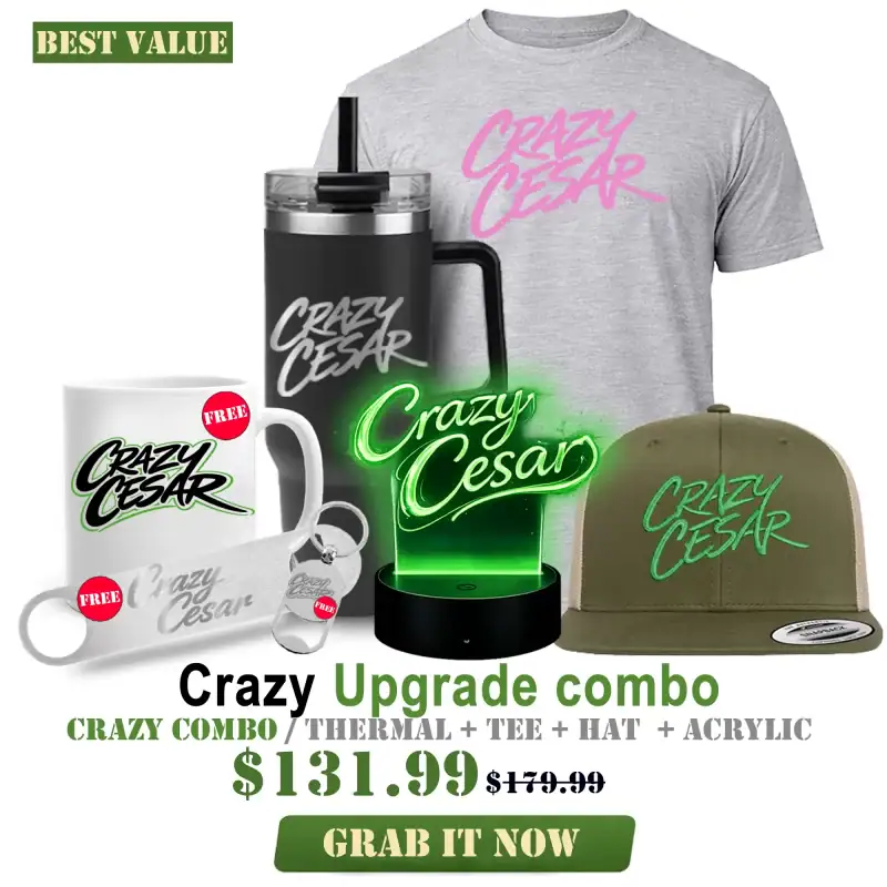 Crazy Cesar upgrade bundle with thermal mug, T-shirt, hat, and acrylic sign.