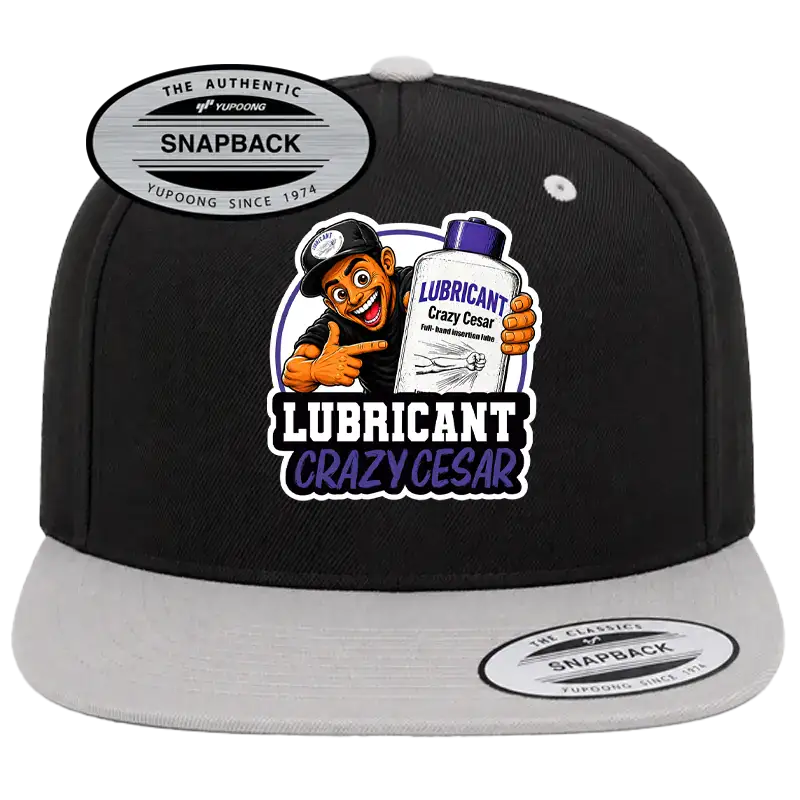 Black snapback cap with Crazy Cesar lubricant logo patch and stickers.