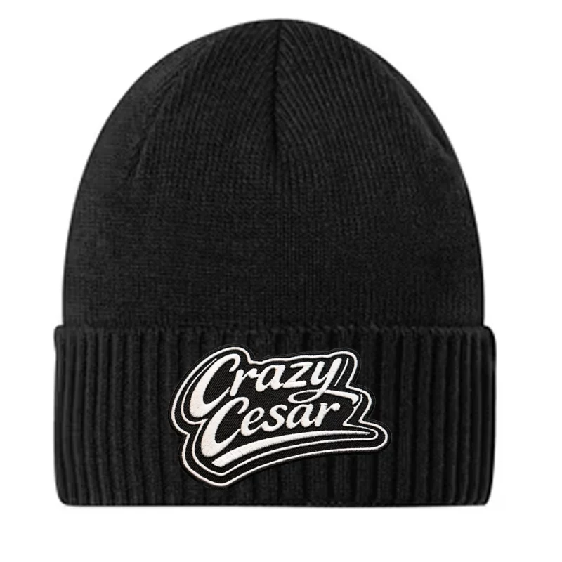 Crazy Cesar Black Beanie – Bold Outline Embroidered Streetwear
