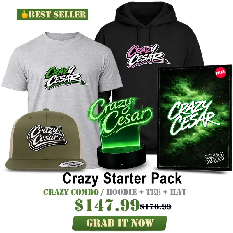 Crazy Cesar starter pack with T-shirt, hoodie, hat, neon sign, and box.