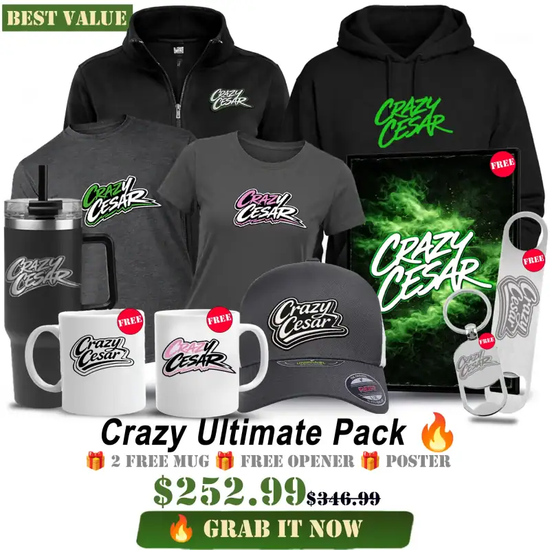 Crazy Cesar branded merchandise bundle with apparel, mugs, and accessories.