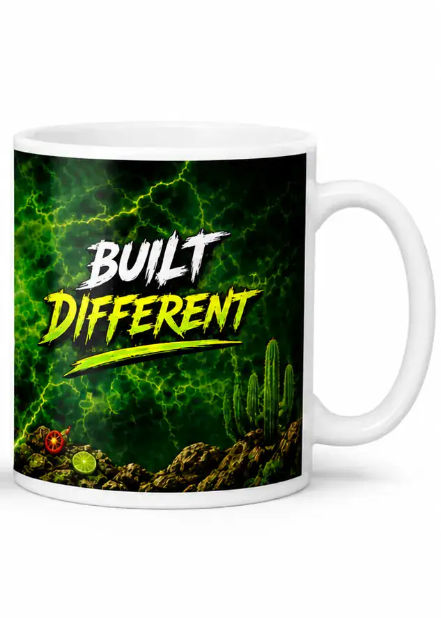 Built Different Mug - The Voice Built Different mug with lightning and desert cactus design.