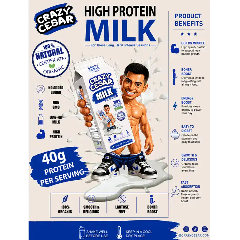 High protein Crazy Cesar milk with natural ingredients for muscle support and energy.
