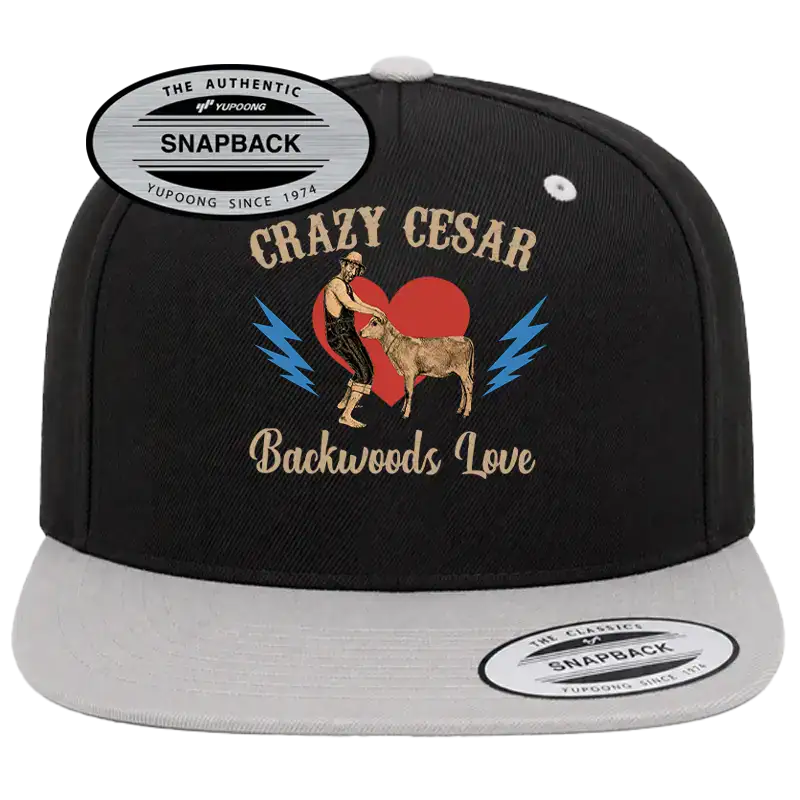 Black and gray snapback hat with Crazy Cesar Backwoods Love design and lightning bolts.