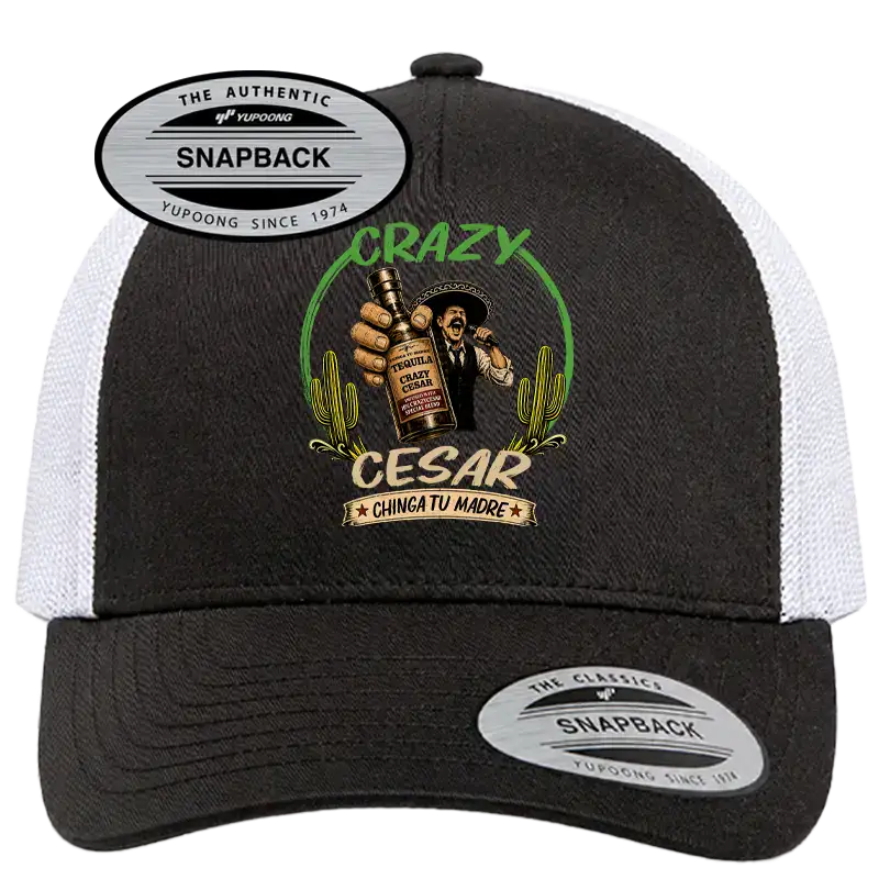 Black and white CrazyCesar snapback hat with logo and text.