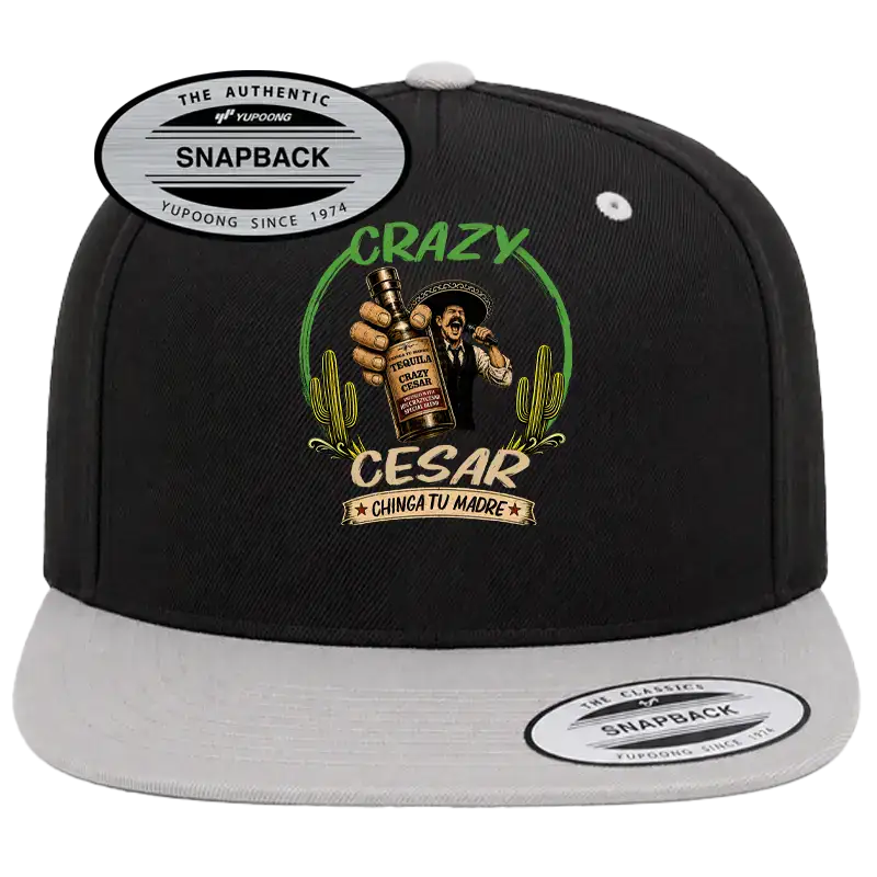 Black and gray snapback hat featuring CrazyCesar logo and Mexican-inspired design.