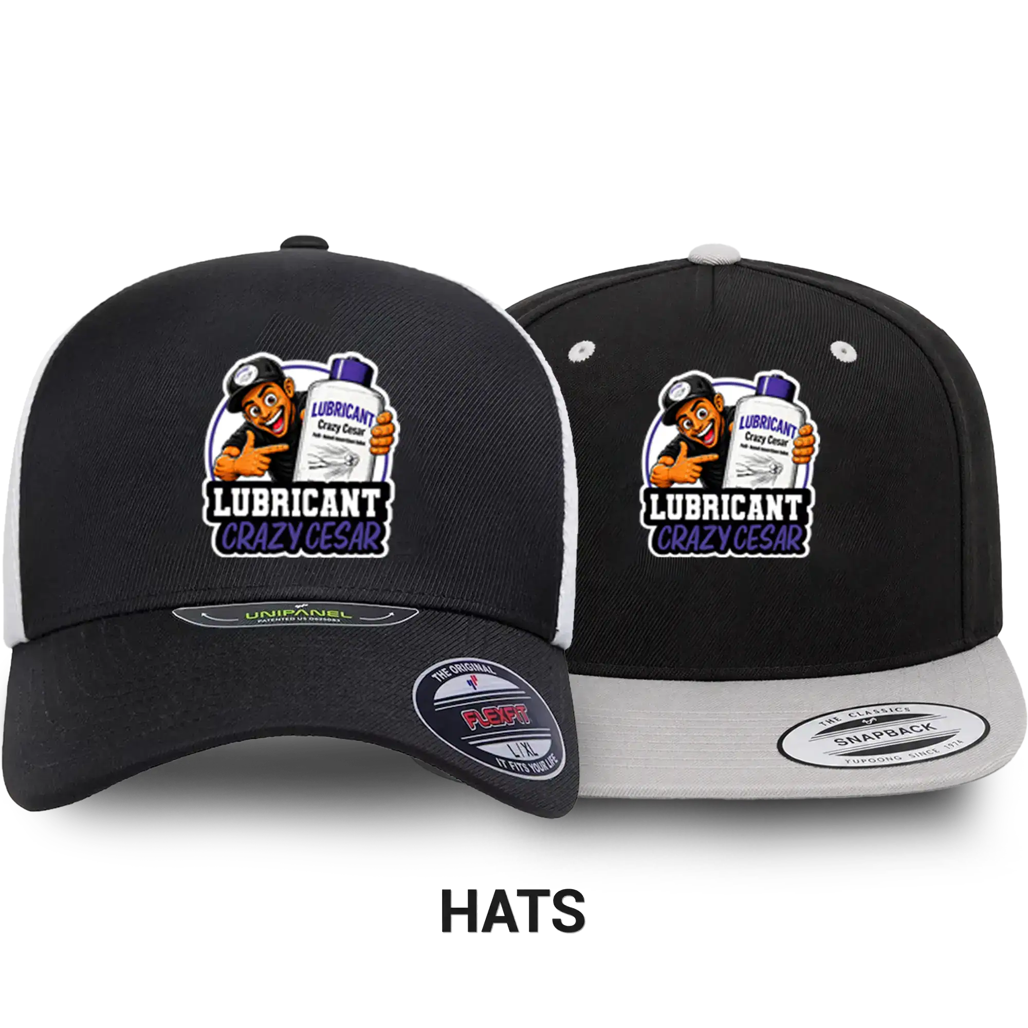 Black and gray hats with CrazyCesar lubricant logo for men and women.
