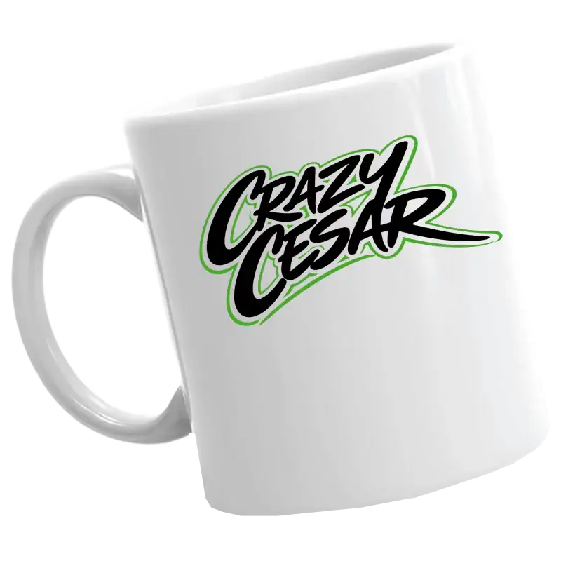White mug with Crazy Cesar logo in black and green text.