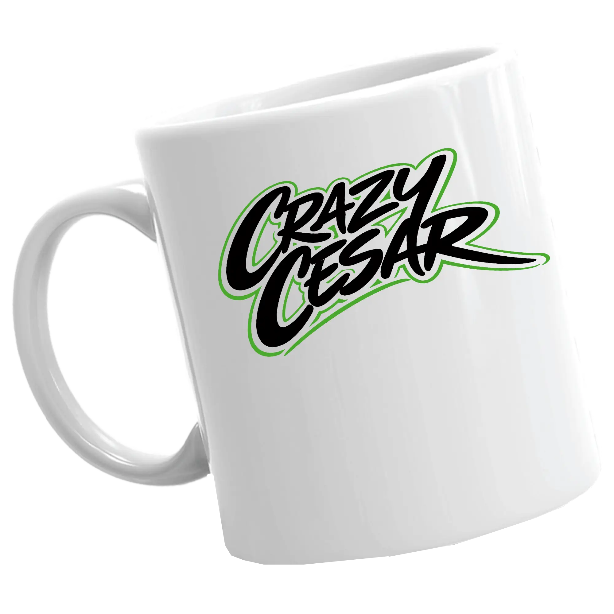 White mug with Crazy Cesar logo in black and green text.