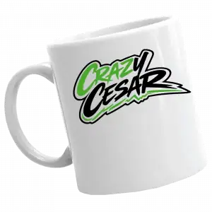 White mug with CrazyCesar logo in green and black text.