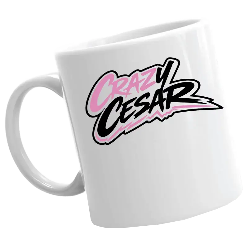 Logo of CrazyCesar on a white coffee mug.