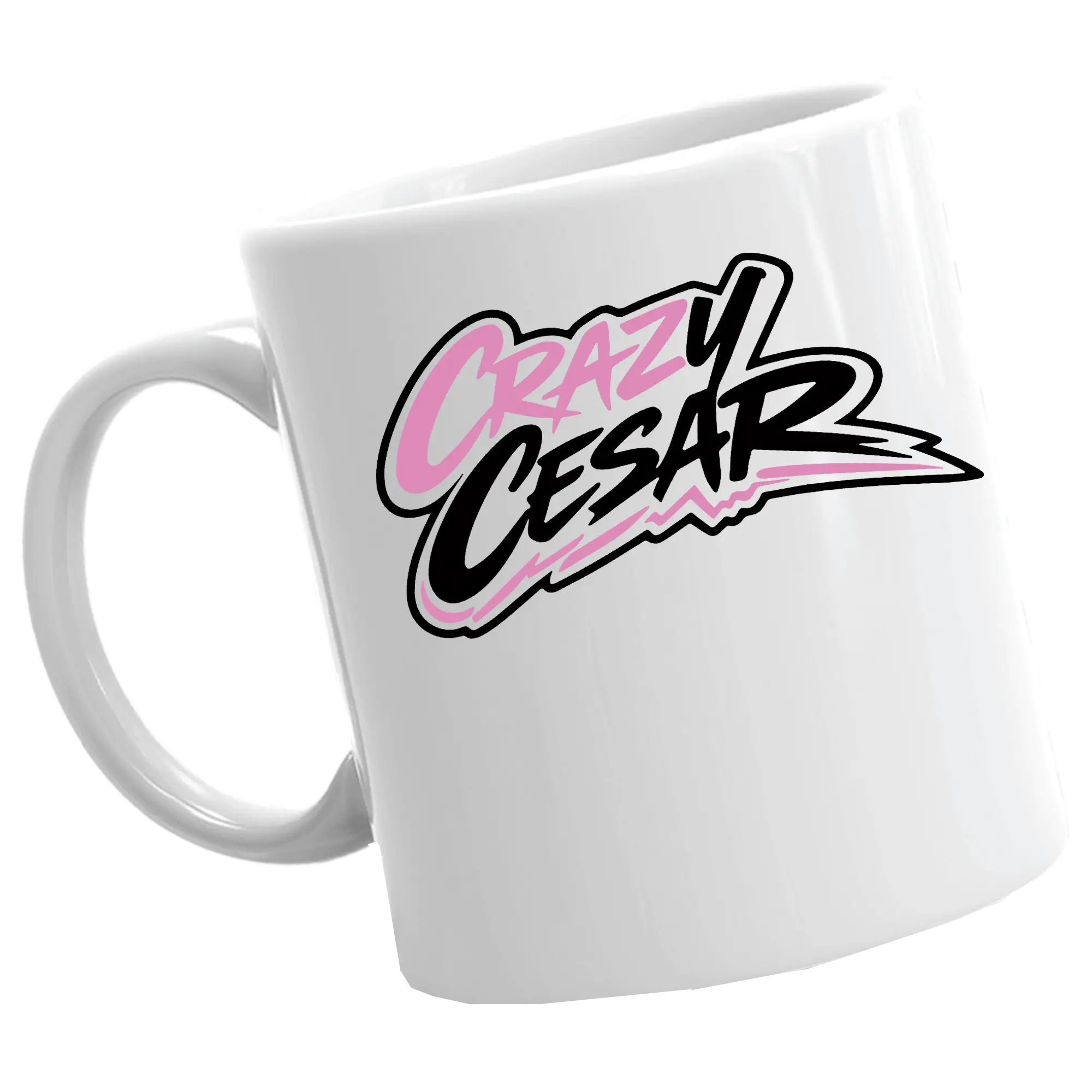 Logo of CrazyCesar on a white coffee mug.